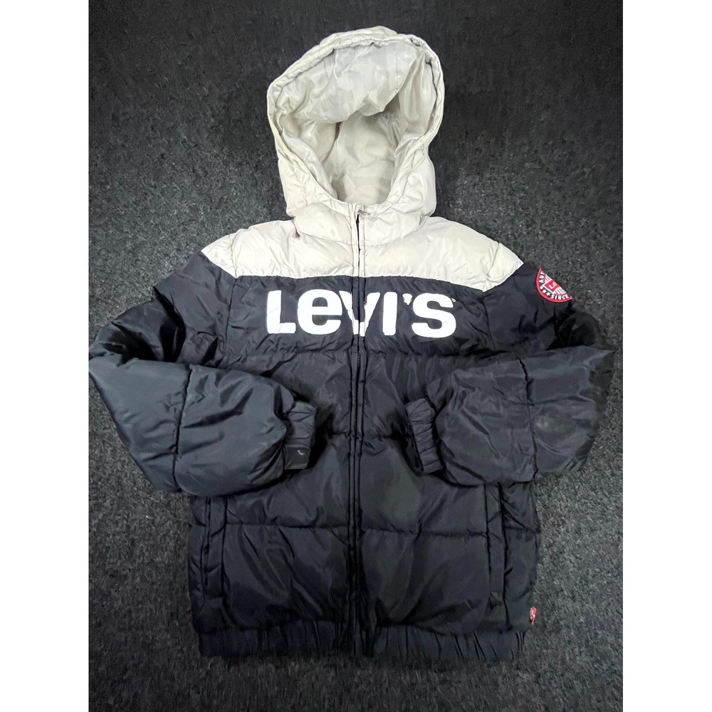 Levi's Puffer Jacket Boys M (10-12) Black Gray Big Logo Hooded Full Zip Winter